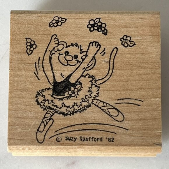 Suzy's Zoo 1982 Ballerina Mouse Stamp Rubber Stampede Vintage Spafford Wood Back - Picture 2 of 8